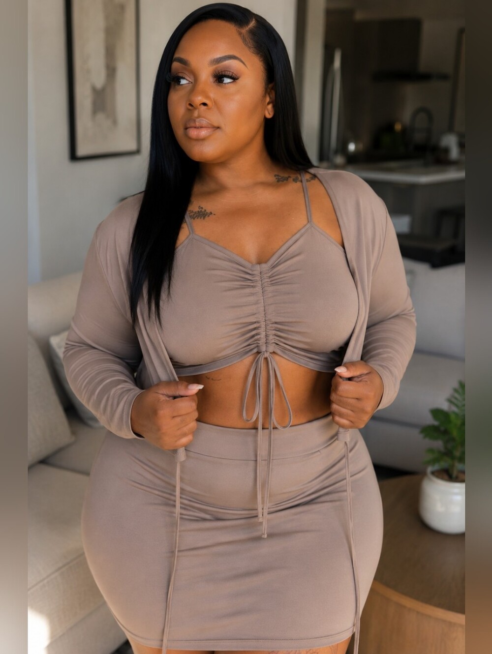 Plus Size 3 Piece Matching Set 2X | Ruched Crop Top Mini Skirt & Cardigan